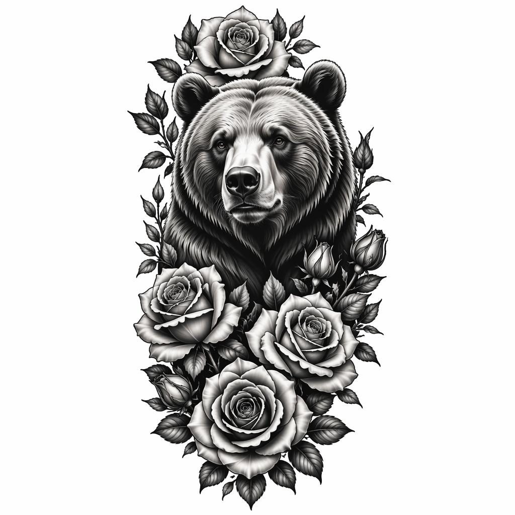 Neo traditional bear portrait with floral roses on white paper, clean black and grey tattoo flash design for a forearm sleeve.