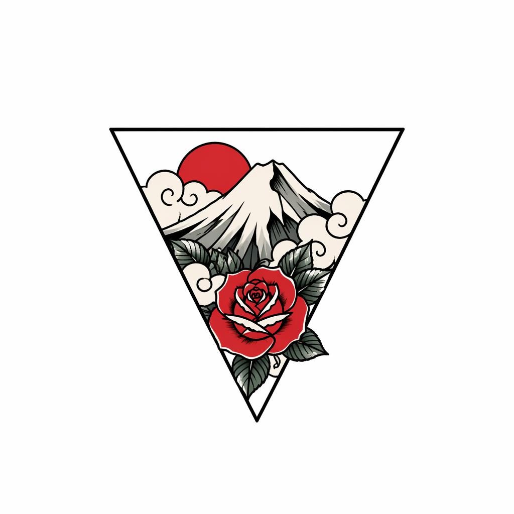 Tiny geometric mountain triangle tattoo flash design on white paper in Japanese irezumi style with sharp black lines.