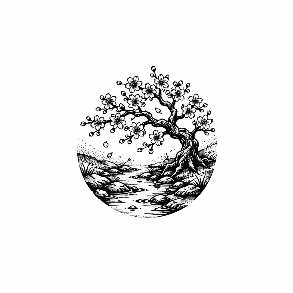 Blackwork dotwork tree tattoo design on white paper, neo-traditional flash style with sharp lines and high contrast.