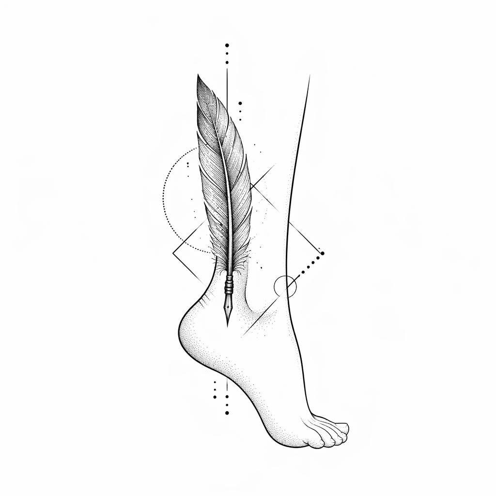 Tattoo-Design auf weißem Papier: geometrischer Federkiel für den Knöchel, klare Linien, Dotwork, Flash-Sheet-Stil.