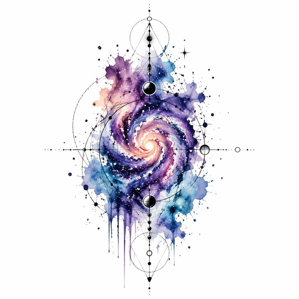 Geometric dotwork galaxy tattoo flash on white paper with watercolor accents, sharp black lines, and high contrast.