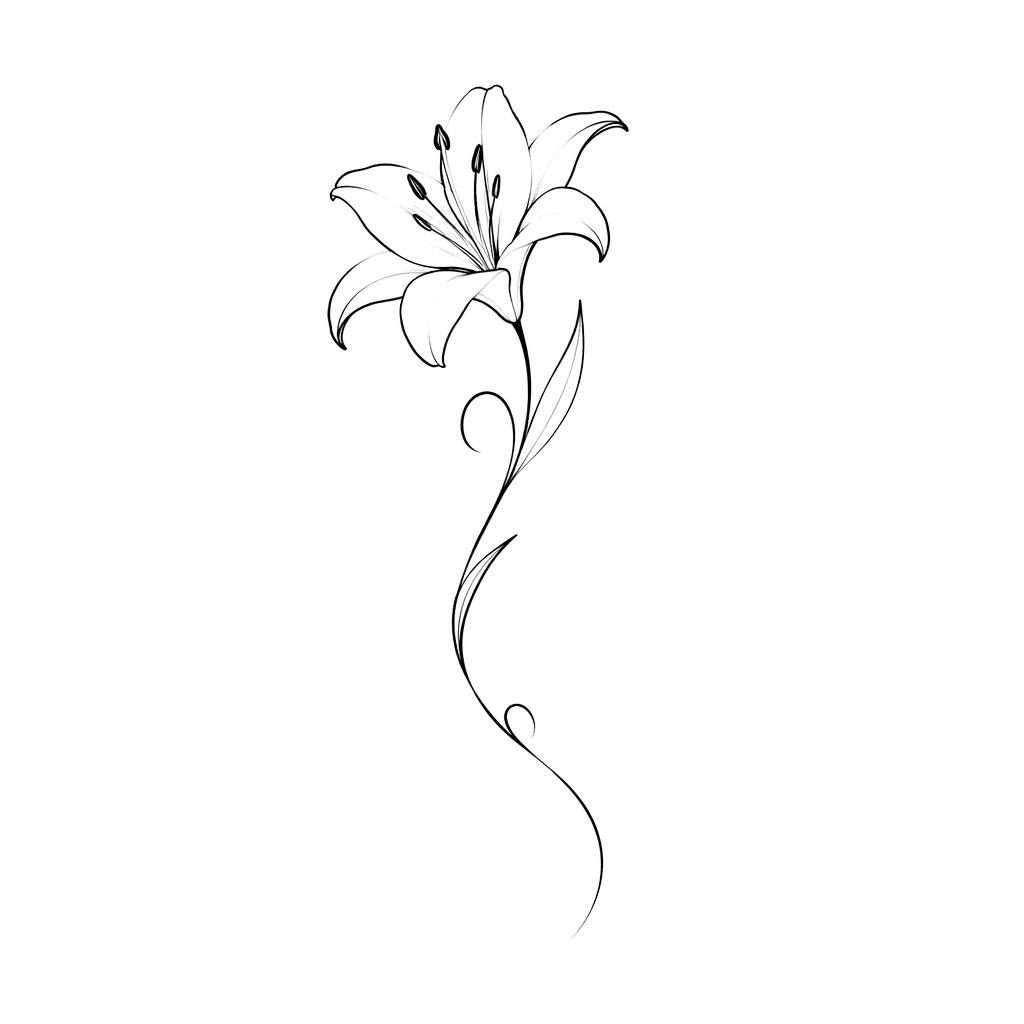 Minimalist fineline lily tattoo design on white paper, clean black flash-sheet illustration with sharp lines and no shading.