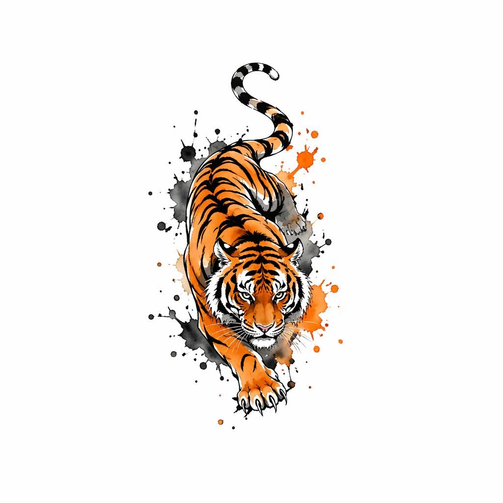 Kleines Tattoo-Muster eines kriechenden japanischen Tigers als Aquarell-Flash auf weißem Papier, kontraststark.