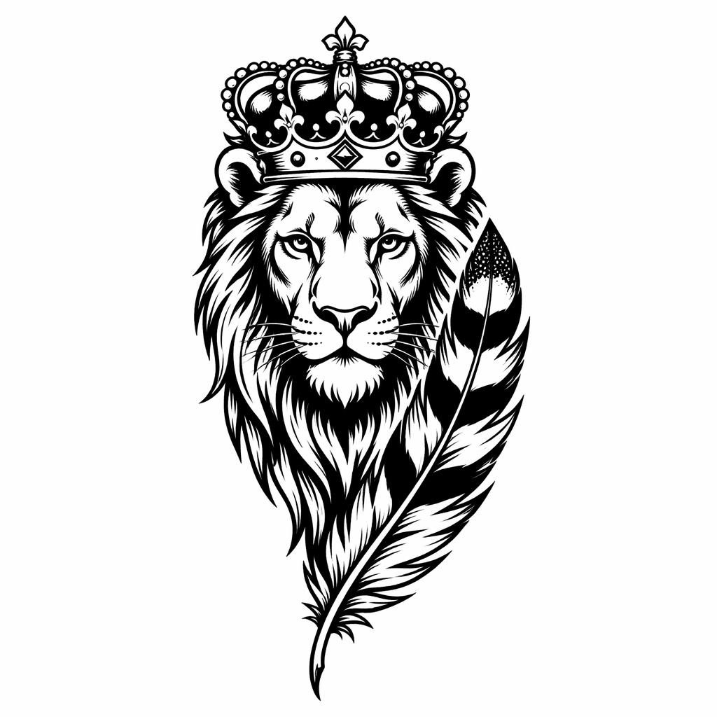 Blackwork tattoo flash design on white paper showing a crowned lion motif for a small upper arm placement.