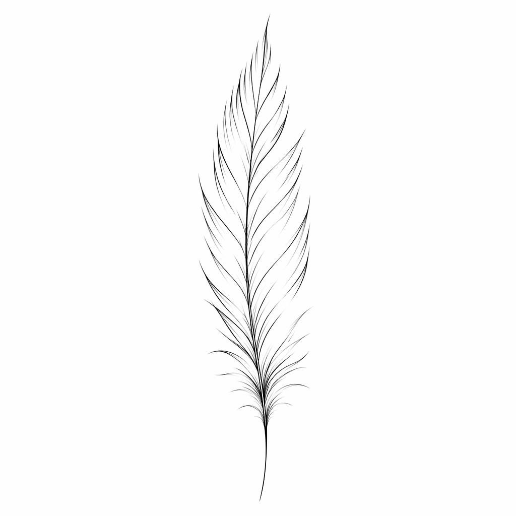 Minimalist fineline feather tattoo design on white paper, clean flash-sheet illustration with sharp black lines.