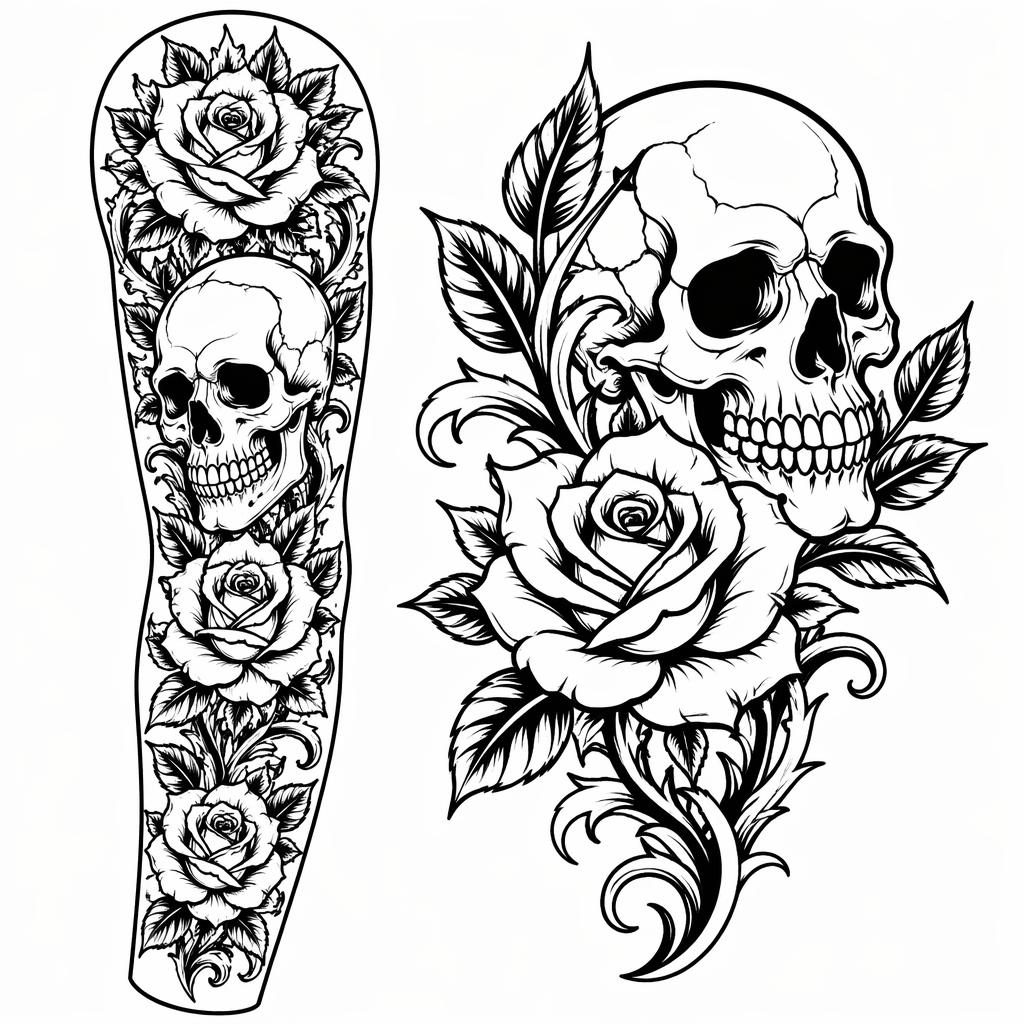 Traditional skull and rose tattoo flash sketch on white paper, sharp black linework, high contrast, plain background.