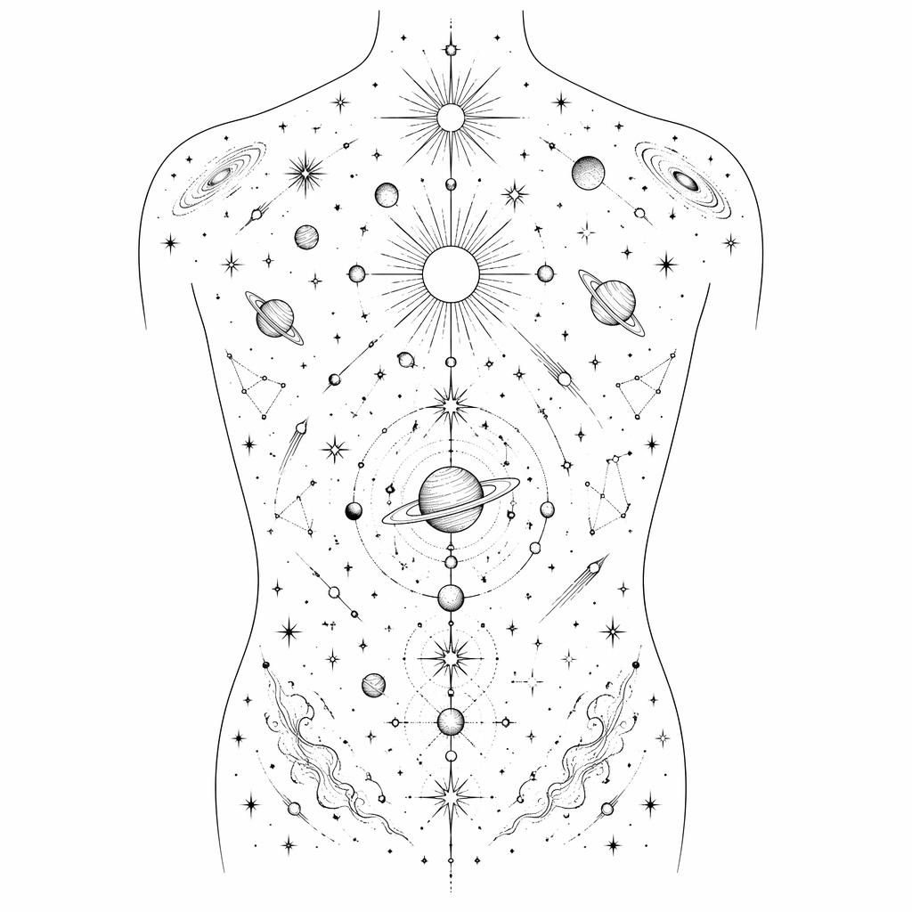 Fineline minimalist tattoo design on white paper featuring a cosmos and stars full-back composition in sharp black lines.