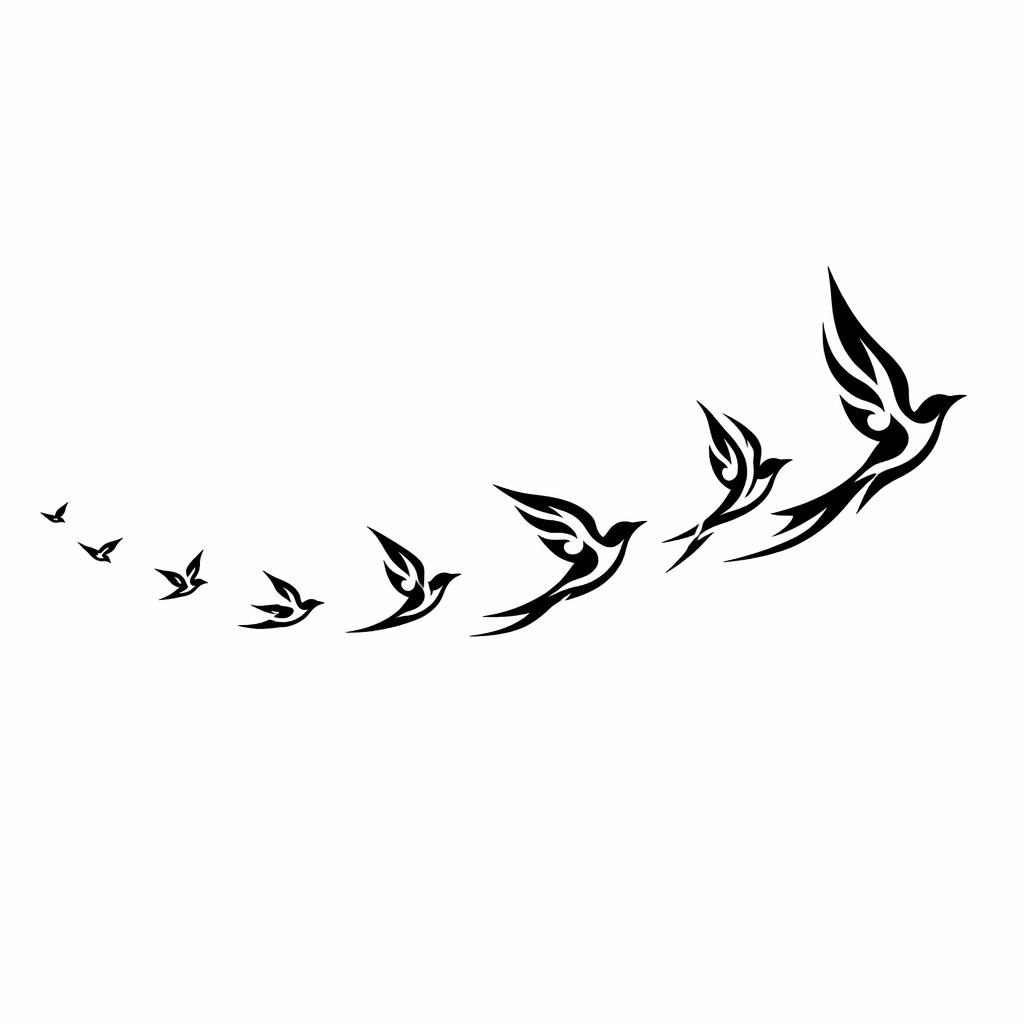 Tribal bird flock tattoo design on white paper, shown as a clean flash-sheet illustration with sharp black lines.