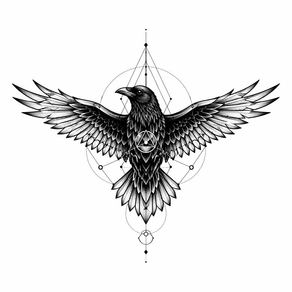 Diseño de tatuaje en papel blanco de un cuervo blackwork con alas abiertas, estilo geométrico y dotwork.