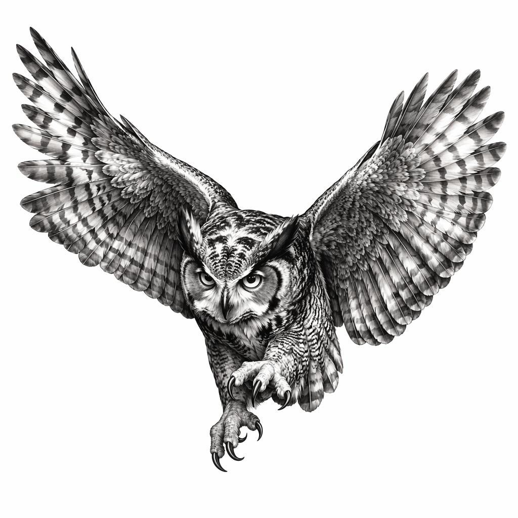 Realism owl in flight tattoo design on white paper, high-contrast flash-sheet illustration with sharp clean lines