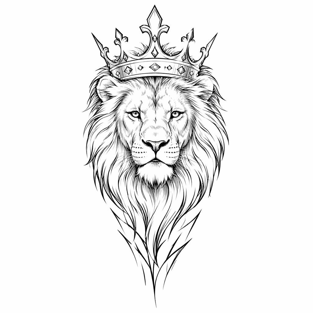 Tattoo-Design auf weißem Papier: Löwe mit Krone als sauberes Linework, kontrastreich, für den Oberarm geeignet