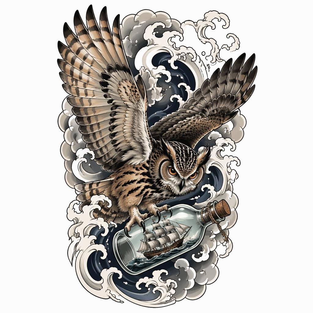 Tattoo flash design on white paper showing a realism owl in flight in Japanese irezumi style, clean high-contrast lines.