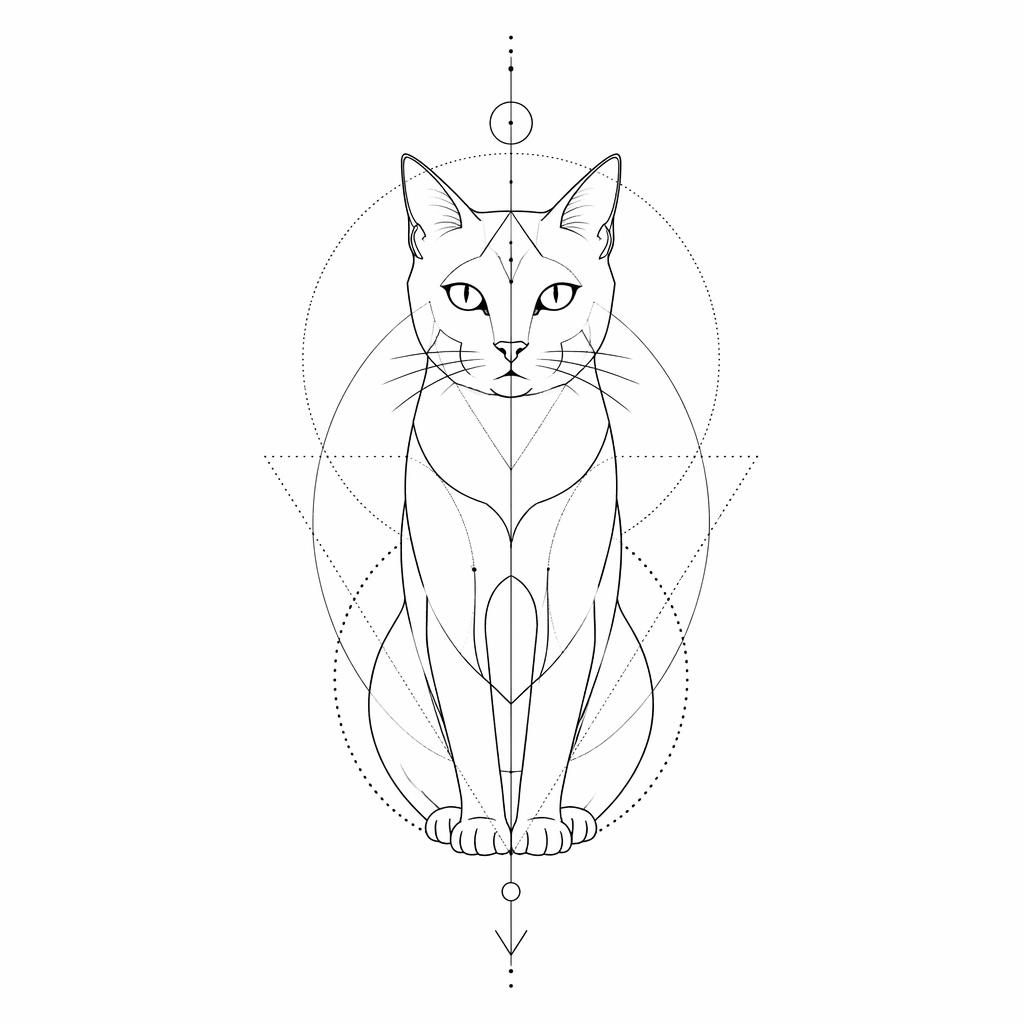 Minimalist fineline cat outline tattoo design on white paper with geometric dotwork details and sharp black lines