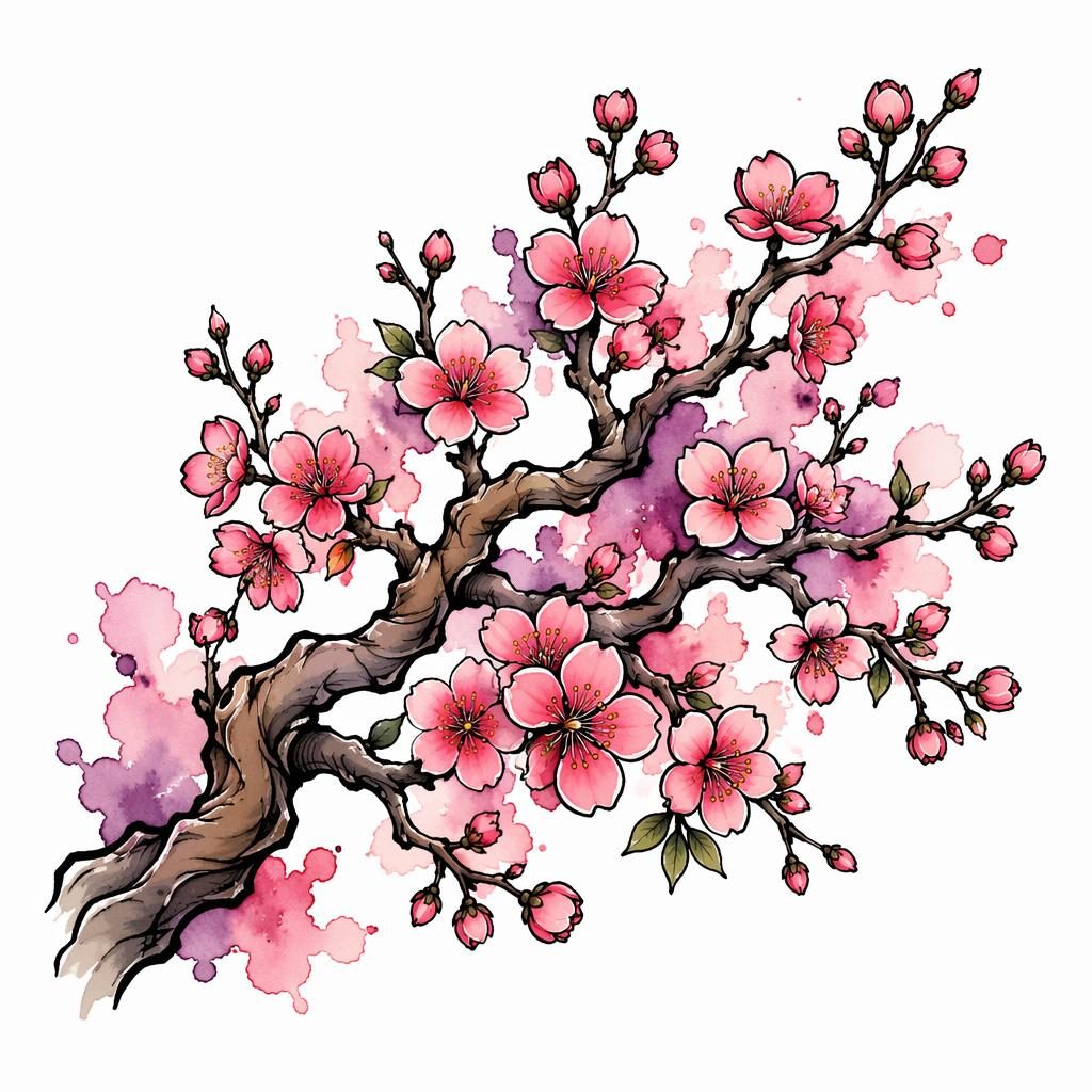 Traditional American tattoo flash of a watercolor cherry blossom branch on white paper, clean sharp lines, plain background