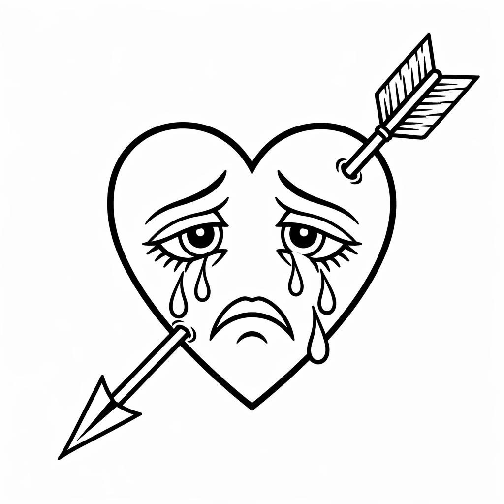 Traditionelles Crying-Heart Tattoo-Design als saubere Linework-Skizze auf weißem Papier, kontrastreich und ohne Schattierung.