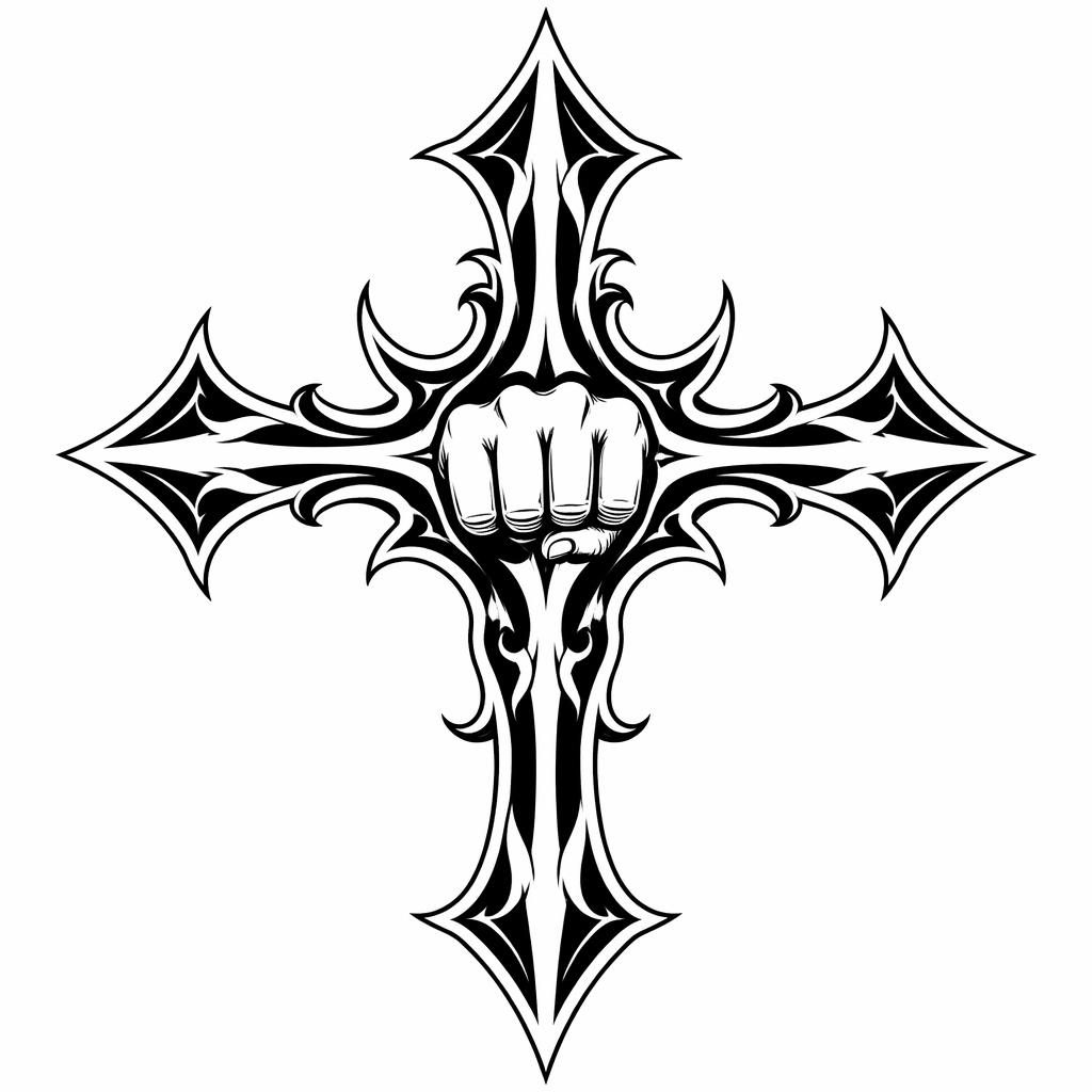 Clean tattoo flash design on white paper featuring a tribal cross concept with sharp black lines and gothic-inspired styling.