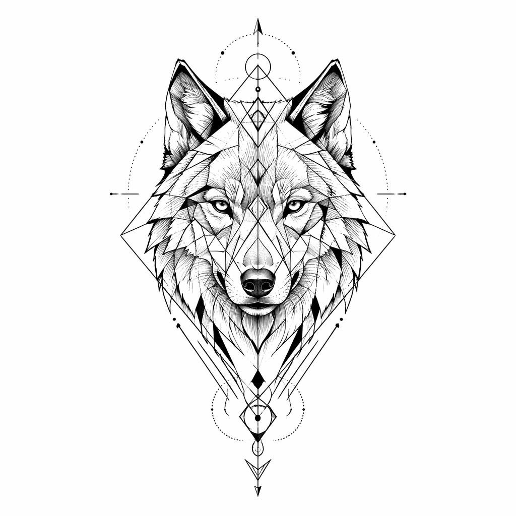 Concept de tatouage sur papier blanc : loup géométrique blackwork en linework noir, style flash, fond blanc.