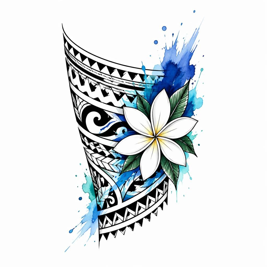 Concept de tatouage brassard samoan pour mollet sur papier blanc, style aquarelle splash, lignes nettes et contraste élevé.