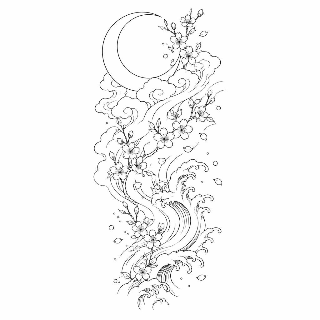 Concept de tatouage sur papier blanc : croissant de lune minimaliste fineline, style irezumi, lignes nettes.