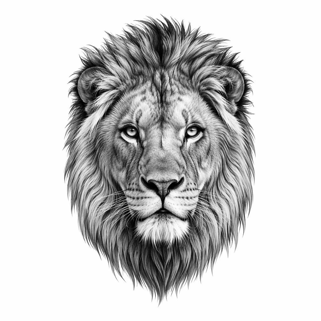 Realism lion portrait tattoo design on white paper, sharp high-contrast lines, clean flash-sheet style on plain white background.
