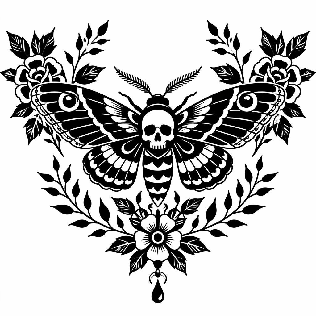Schwarze Tattoo-Vorlage eines Nachtfalters als Brustmotiv auf weißem Papier, im Traditional-American-Stil.