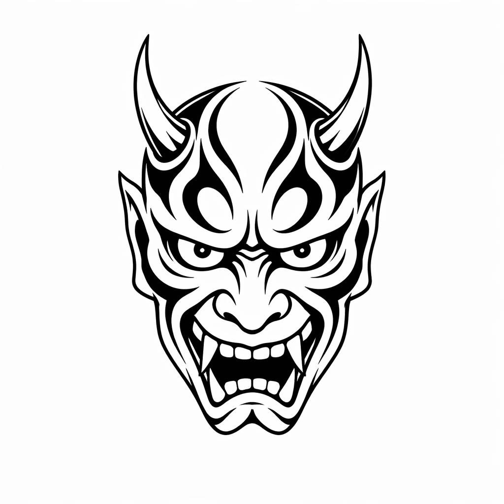 Tribal Japanese hannya mask tattoo design drawn on white paper, small calf placement, sharp black lines, plain background.