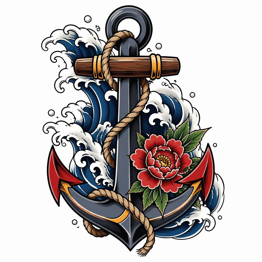 Diseño de tatuaje de ancla tradicional estilo irezumi sobre papel blanco, líneas nítidas y alto contraste.