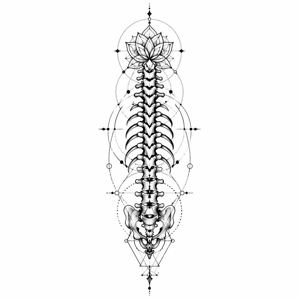Schwarzes Tattoo-Design auf weißem Papier: ornamentale Wirbelsäule in Blackwork mit geometrischen und Dotwork-Elementen.