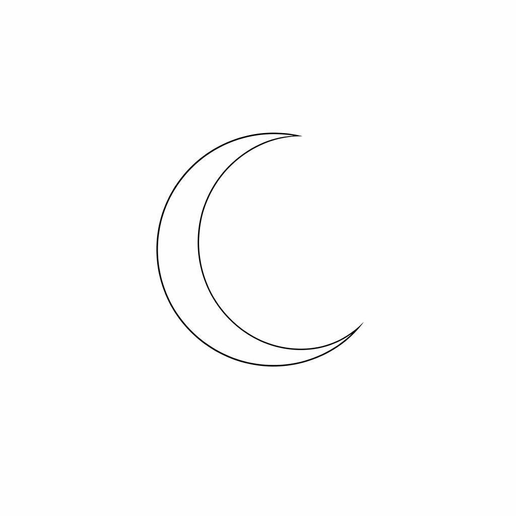 Concept de tatouage sur papier blanc : lune croissante fineline minimaliste, traits nets, fond blanc, style flash-sheet.