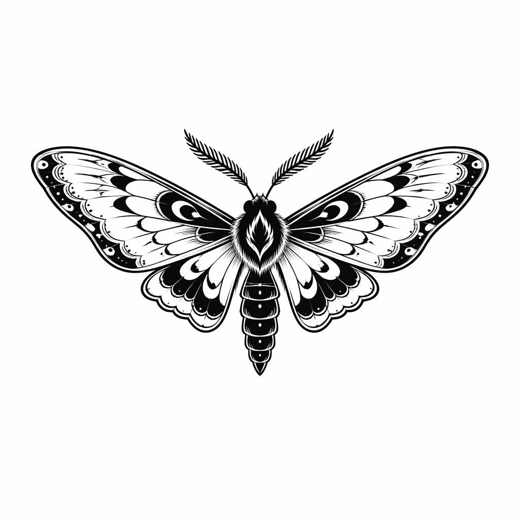Schwarze minimalistische Motte als Tattoo-Design auf weißem Papier, fineline, klar gezeichnet, hoher Kontrast.
