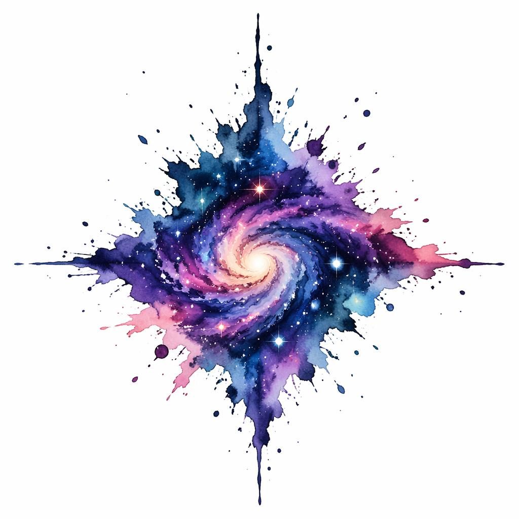 Watercolor abstract galaxy tattoo design on white paper with splash effects, sharp lines, and clean flash-sheet styling.
