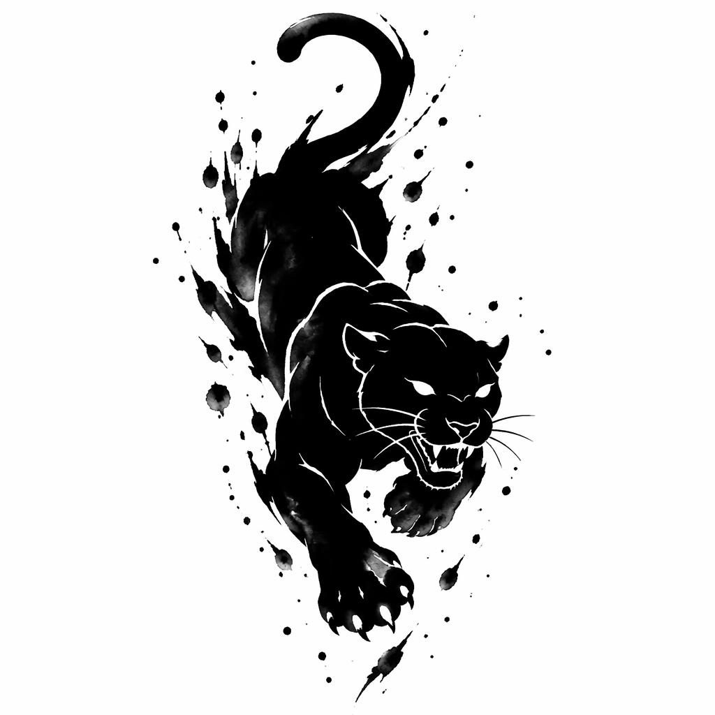 Tattoo-Design auf weißem Papier: schwarzer Blackwork-Panther mit Aquarell-Splash, klare Linien, hoher Kontrast.