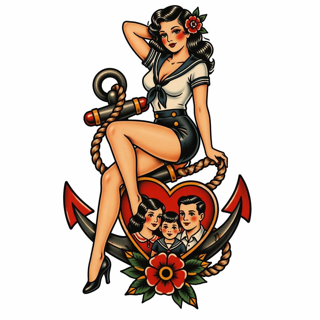 Traditional American Sailor Jerry pinup tattoo concept drawn on white paper with sharp black lines and clean flash-sheet style.