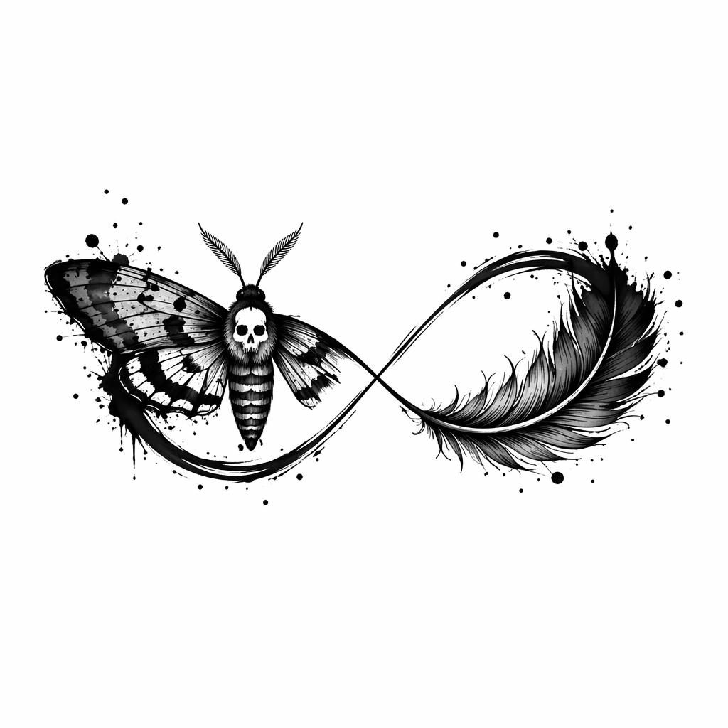 Ilustración de diseño de tatuaje en papel blanco, polilla blackwork con efecto acuarela y líneas nítidas.