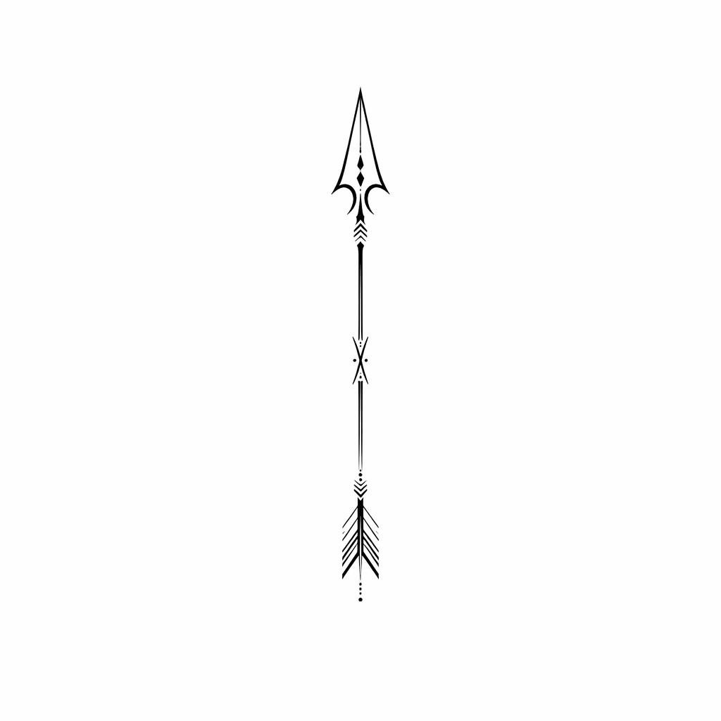 Minimalist tribal fineline arrow tattoo flash drawn on plain white paper with sharp black lines and no shading.