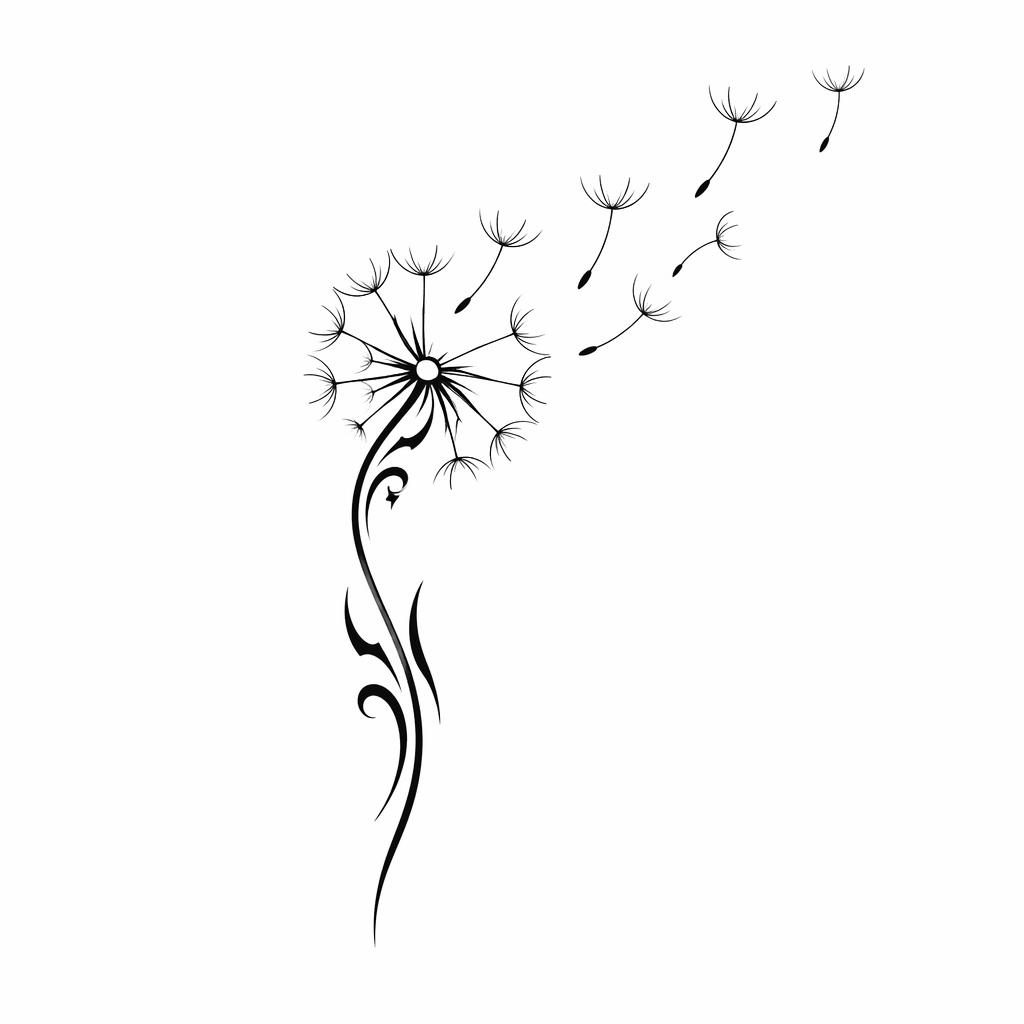 Minimalistischer Fineline-Löwenzahn im Tribal-Stil als Tattoo-Design auf weißem Papier, klare schwarze Linien.