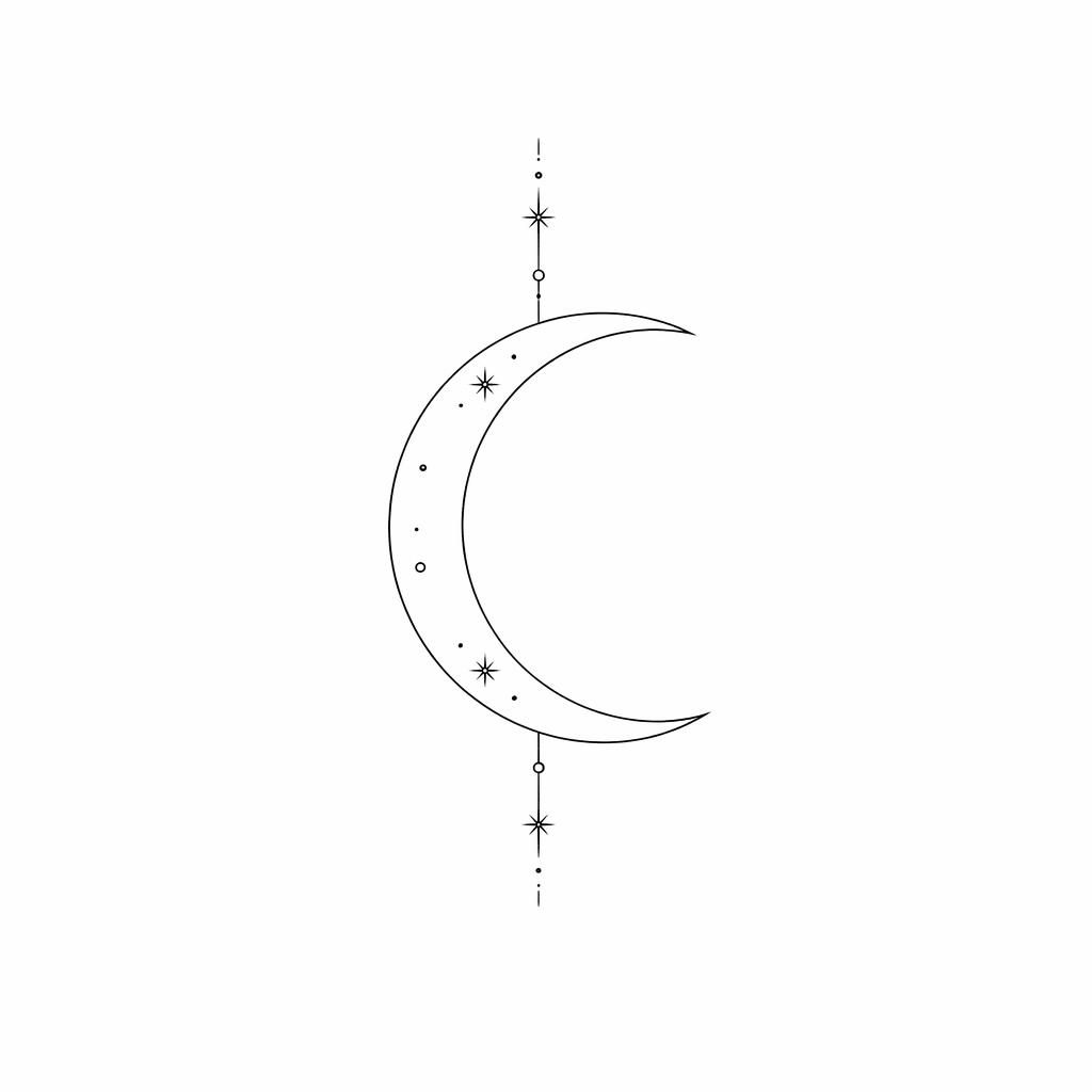 Diseño de tatuaje de luna creciente minimalista en fineline sobre papel blanco, estilo linework limpio y sin sombras.