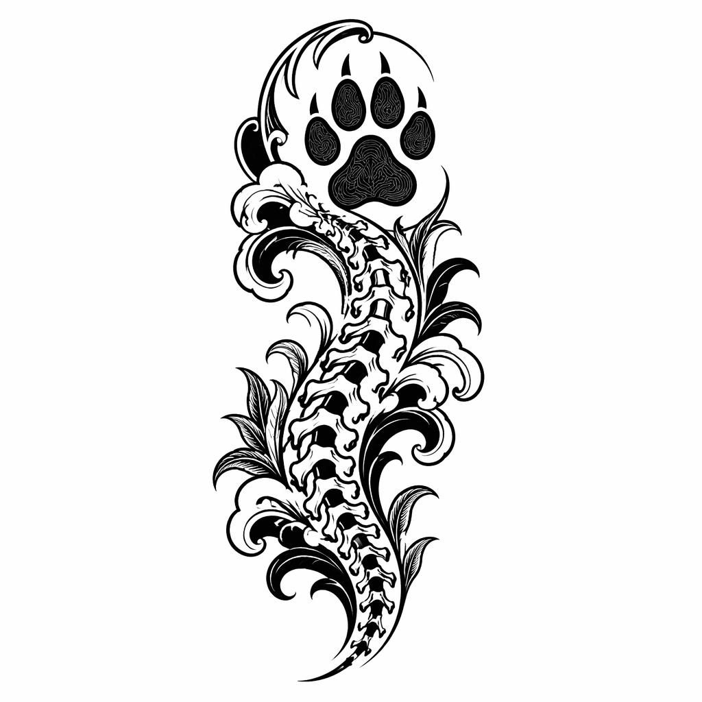 Blackwork ornamental spine tattoo design on white paper in Japanese irezumi style, clean flash-sheet line art.