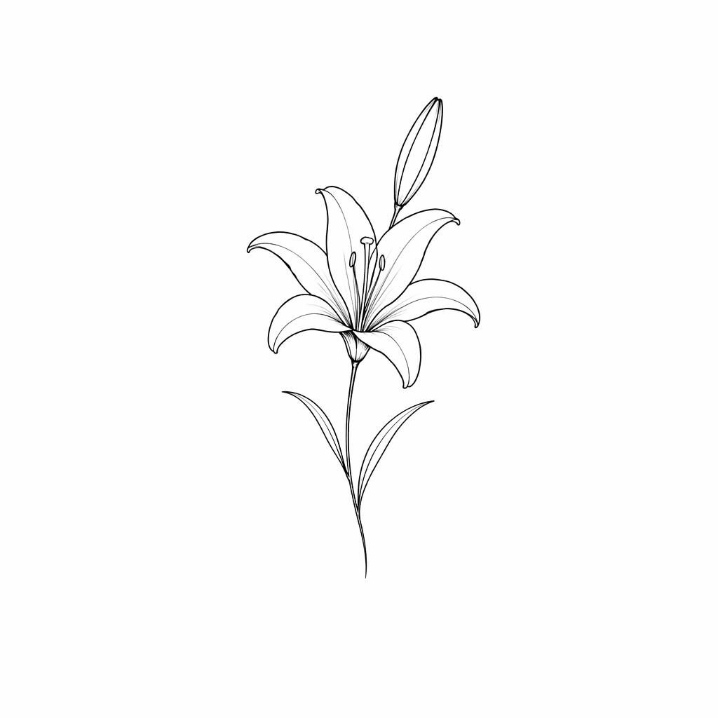 Minimalistische Fineline-Lilie als Tattoo-Design auf weißem Papier, kleine Flashsheet-Zeichnung mit scharfen Linien.