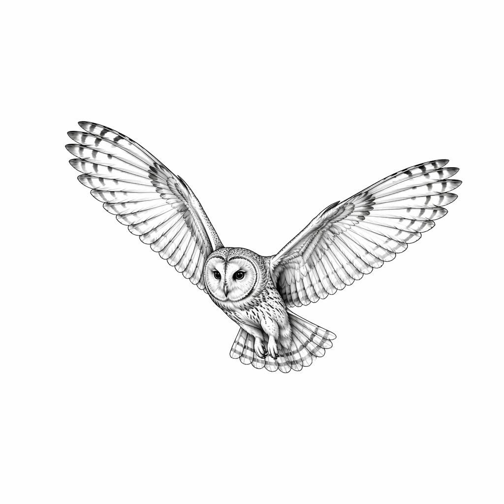 Fineline minimalist tattoo design on white paper showing a realistic owl in flight, small flash-style illustration.