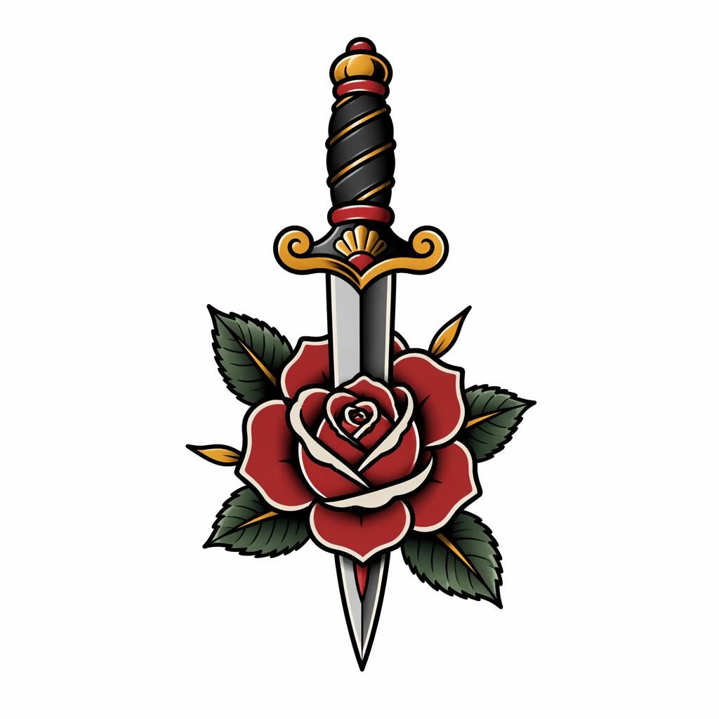 Neo-traditional rose dagger tattoo flash design on white paper with sharp black lines and high contrast, sized for a small finger tattoo.