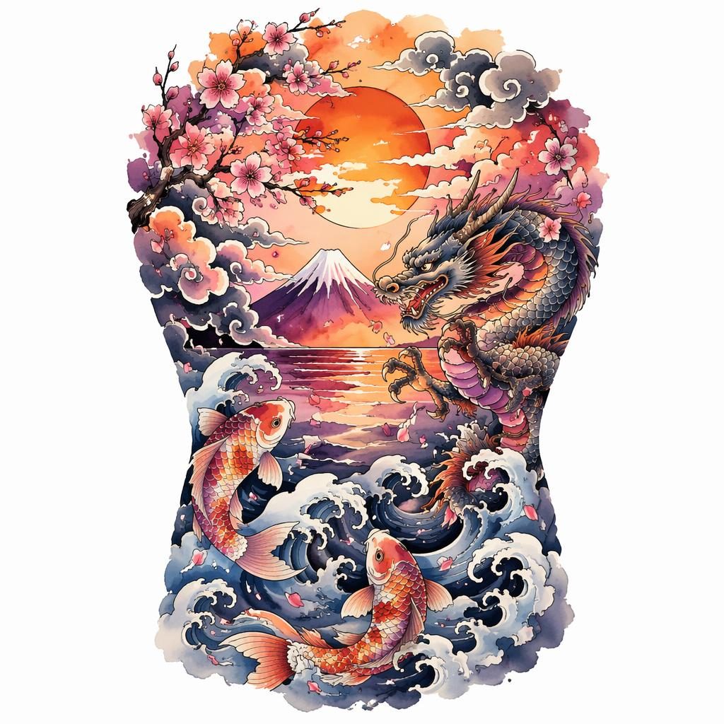 Japanese irezumi tattoo flash concept on white paper with a watercolor sunset palette, bold lines, and clean back-piece layout.