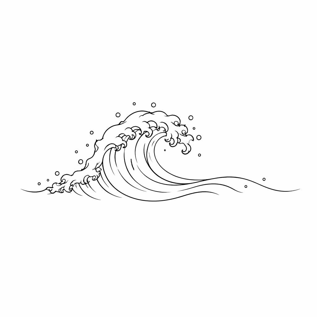 Minimalist fineline wave tattoo design drawn on white paper in traditional American flash style with sharp black lines.