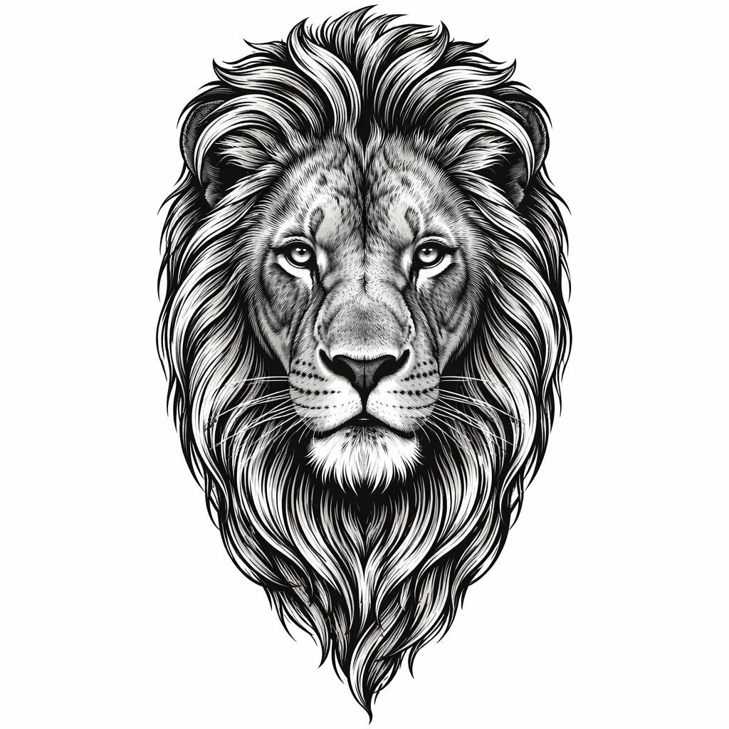Tattoo-Design auf weißem Papier: realistisches Löwenporträt in Blackwork mit kräftigen Linien, als Flashsheet