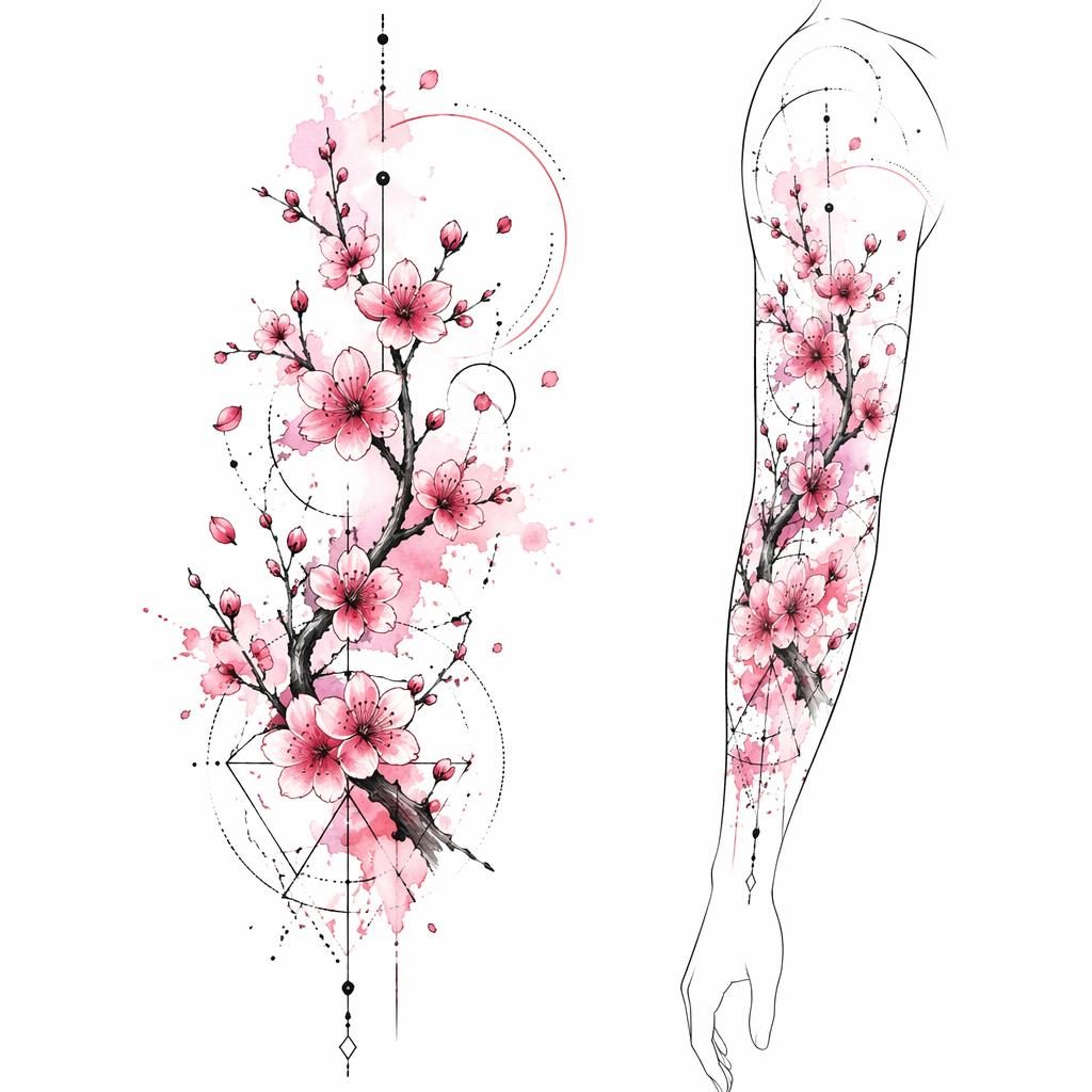 Concept de tatouage sur papier blanc : branche de fleurs de cerisier aquarelle, style géométrique et dotwork.