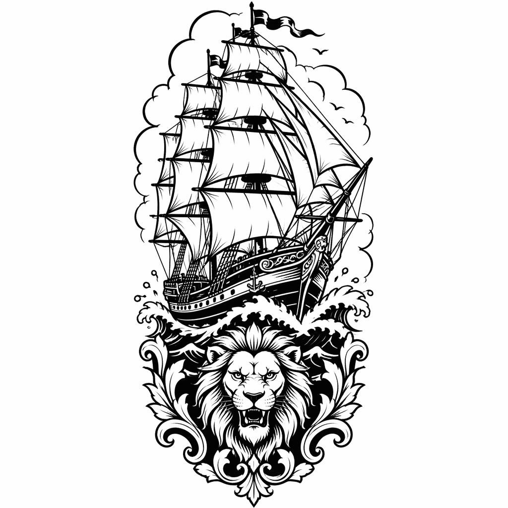 Blackwork Tattoo-Design auf weißem Papier: traditionelles Vollschiff mit klaren Linien als Flash-Sheet-Motiv.