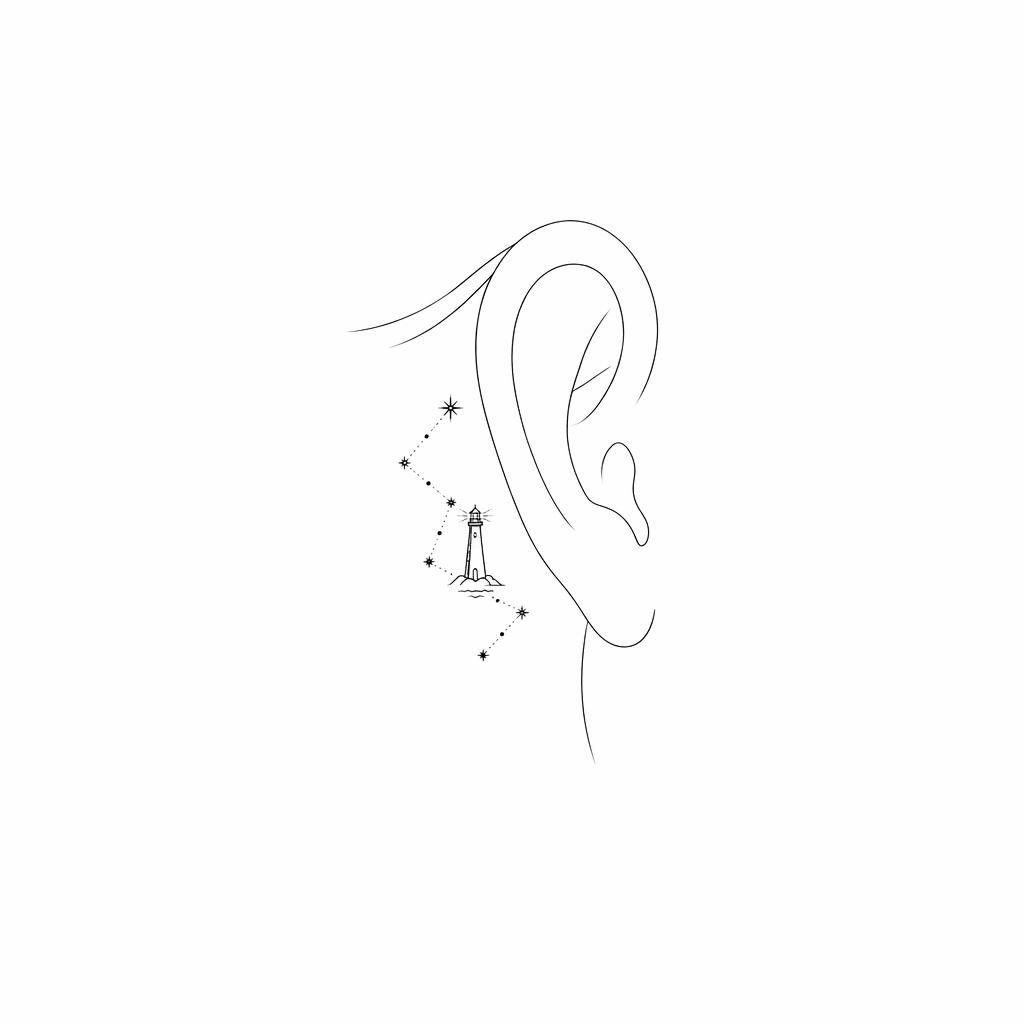 Fineline-Tattooentwurf auf weißem Papier mit winziger Sternbild-Illustration im minimalistischen Flash-Sheet-Stil.