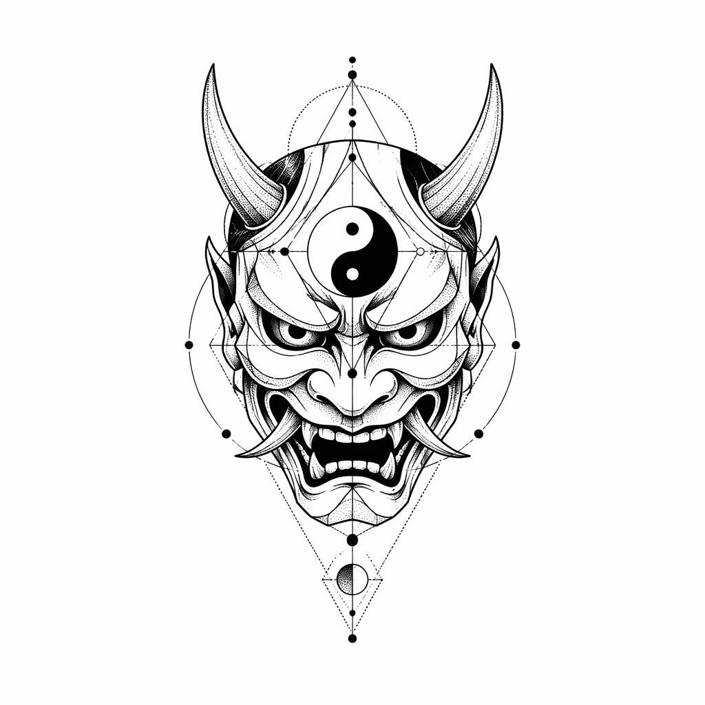 Ilustración de máscara hannya japonesa en papel blanco, estilo geométrico y dotwork, líneas nítidas y alto contraste.