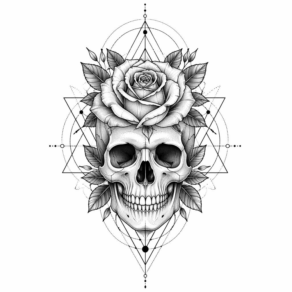 Geometric dotwork tattoo flash of a traditional skull and rose on white paper, with sharp black lines and high contrast.