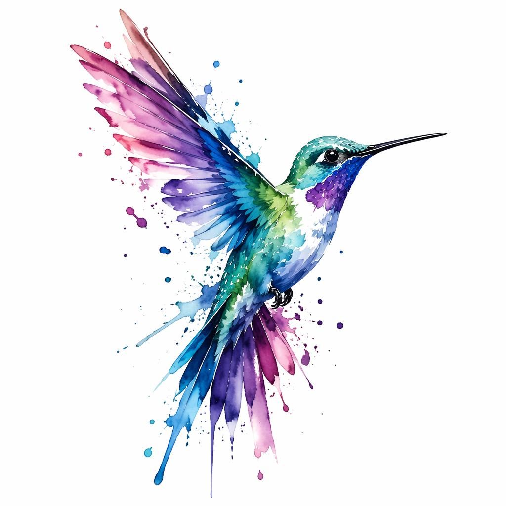 Watercolor hummingbird tattoo design concept on white paper with splash accents, sharp lines, and clean flash-sheet styling